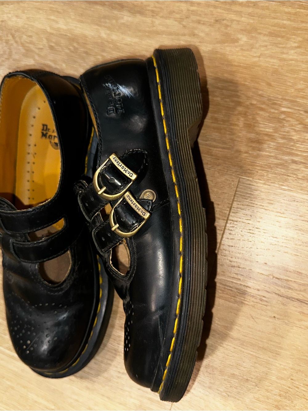 Dr. Martens women’s Black Mary Jane Shoes with Yellow Stitching